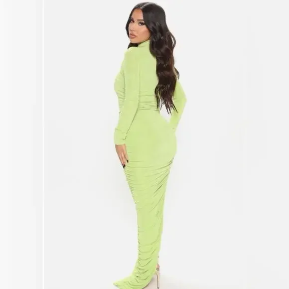 Fashion Nova Lily Ruched Long Sleeve Maxi Dress Size Large Lime Green New - Picture 2 of 13